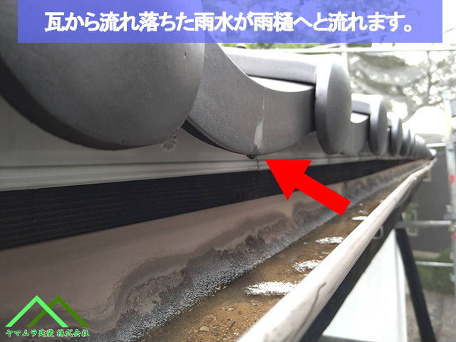 05．名古屋市緑区　葺き替え　瓦から流れ落ちた雨水が雨樋に流れて行きます。