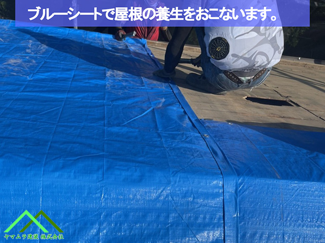 11．名古屋市緑区　葺き替え　ブルーシートを開いて屋根全体を雨養生をしていきます。