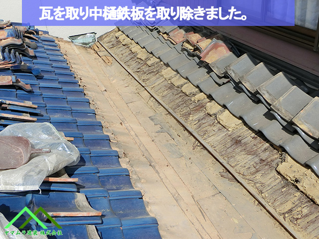 瓦と中樋板金を取り除きました