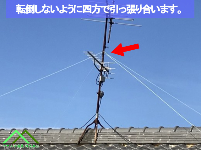 転倒しないように四方向で引っ張り合います
