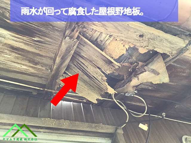 雨水が回って腐食した野地板