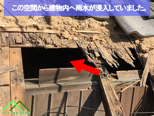 穴があいたところから室内に雨水が浸入しました