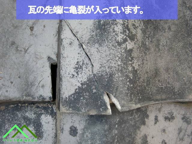瓦の先端に亀裂が入っています