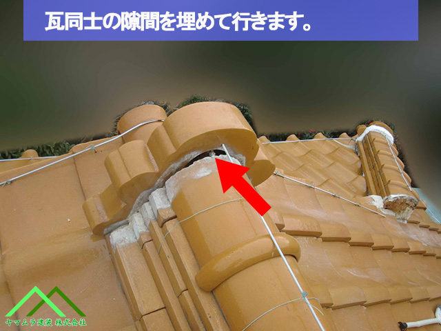 隙間を漆喰で埋めます