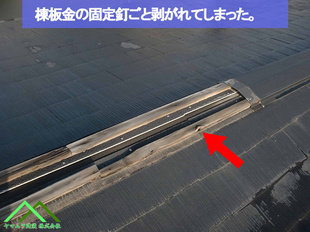 名古屋市熱田区 スレート屋根 棟板金の固定釘ごと剥がれていた