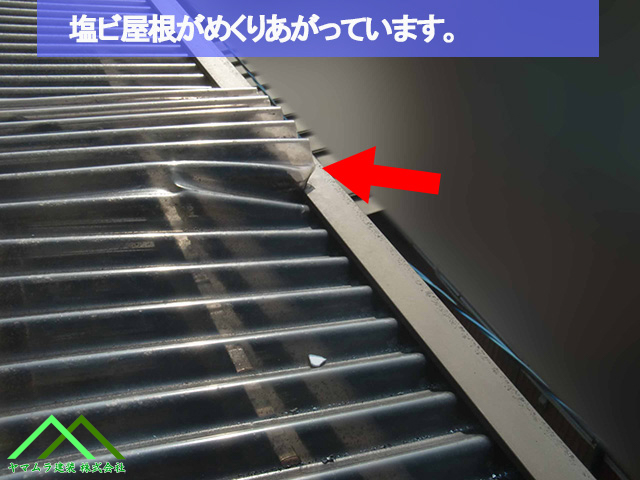 塩ビ屋根がめくれていた