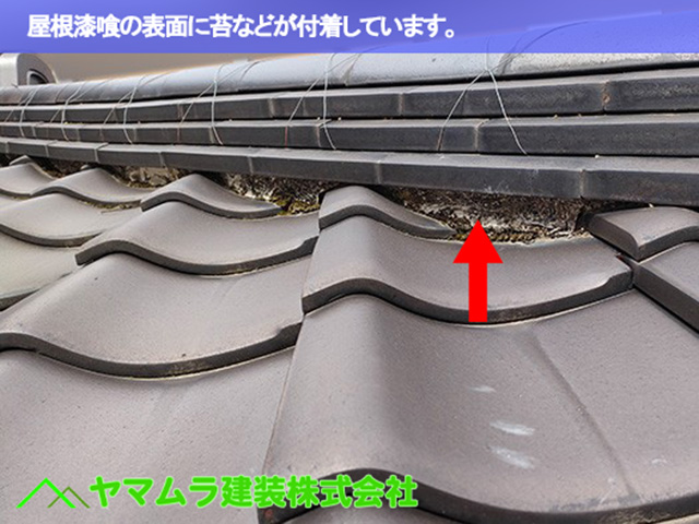 03東海市 漆喰塗り替え 屋根漆喰の表面に苔などが付着しています。