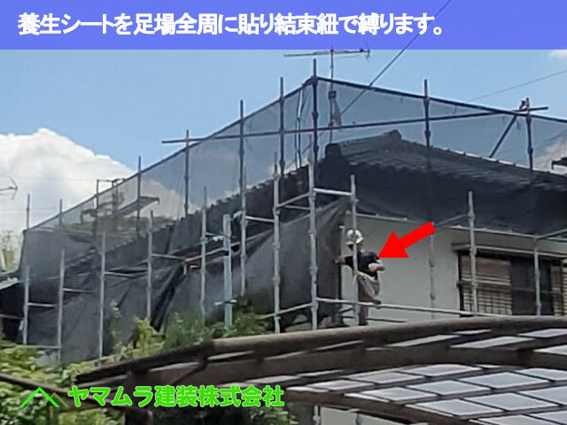 06．東海市　漆喰塗り替え　養生シートを足場全周に貼り結束紐で縛ります。
