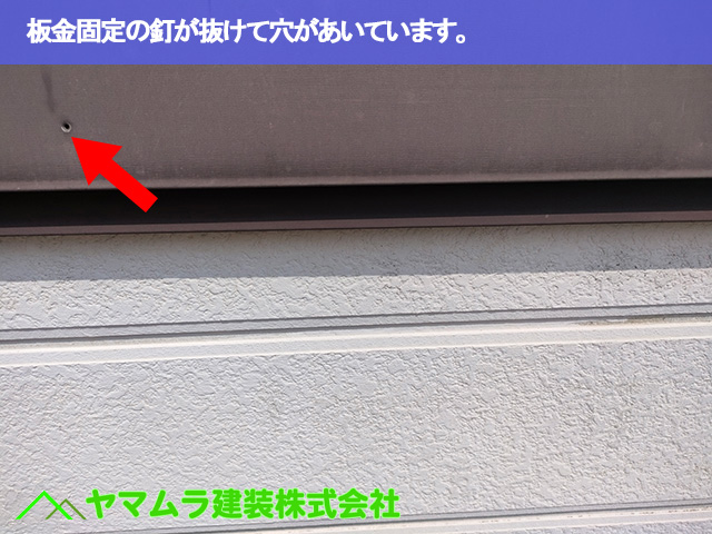 11.豊明市 トタン屋根修理 板金固定の釘が抜けて穴があいています。