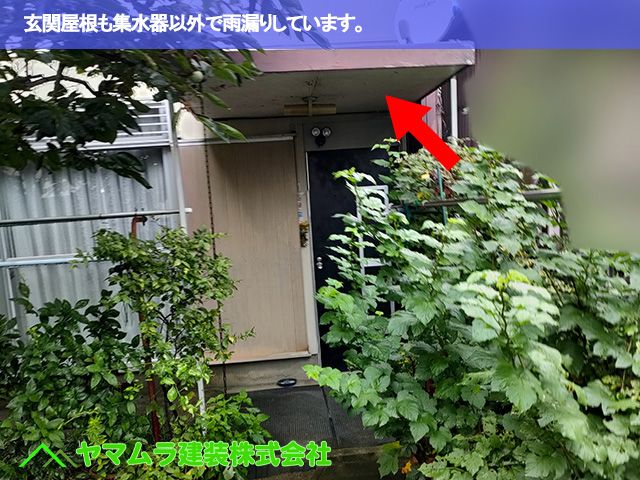 12.豊明市 トタン屋根修理 玄関屋根も集水器以外で雨漏りしています。