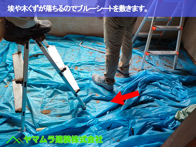 03.豊明市 天井板交換 埃や木くずが落ちるのでブルーシートを敷きます。