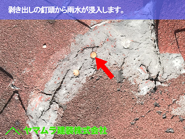 09．緑区　屋根修繕　剥き出しの釘頭から雨水が浸入します。