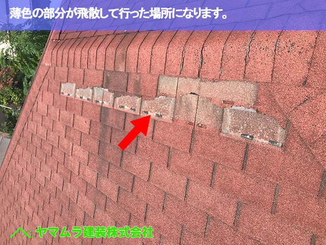 04．緑区　屋根修繕作業　薄色の部分が飛散して行った場所になります。