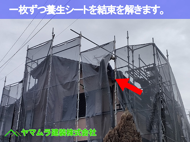 04.中川区 足場解体 一枚ずつ養生シートを結束を解きます