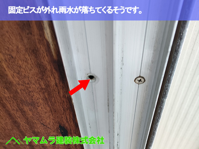 05.名古屋市緑区 点検調査 固定ビスが外れここから雨水が落ちてくるそうです。
