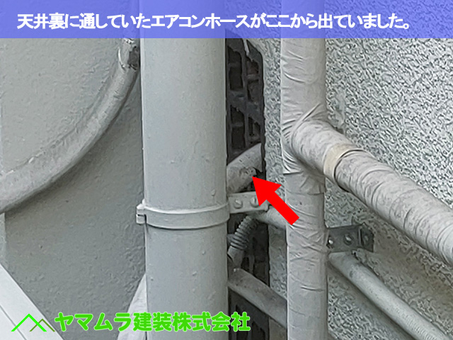 07.名古屋市中区 エアコン点検 天井裏に回していたエアコンホースがここから出ていました。