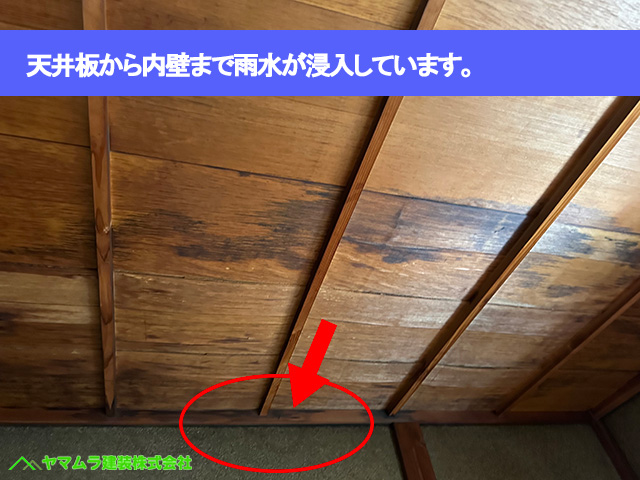 01.東浦町 瓦葺き替え 天井板から内壁まで雨水が浸入しています。