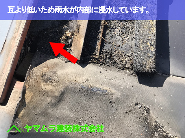 07.大府市 屋根修理 瓦より低いため雨水が内部に浸水しています。