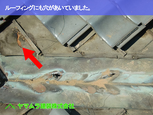 03．東浦町　谷鈑金　ルーフィングにも穴があいていました。