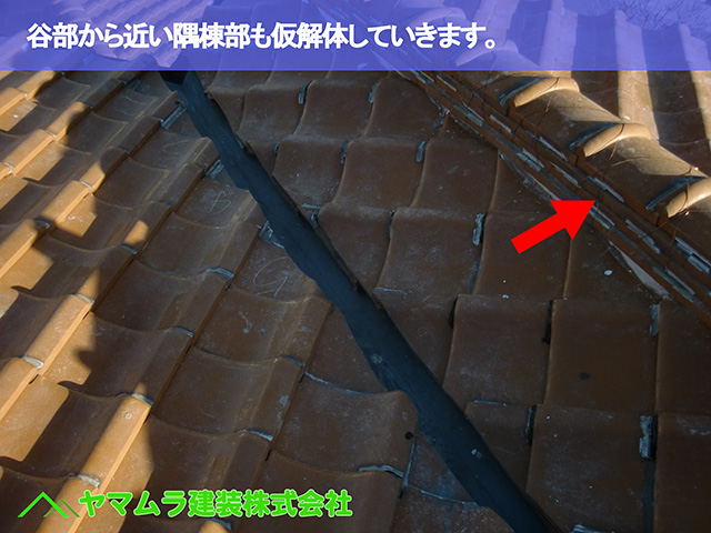 08.名古屋市瑞穂区 谷修理 谷部から近い隅棟部も仮解体していきます。