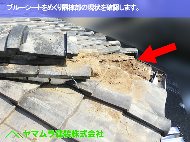 01.名古屋市天白区 ブルーシートをめくり隅棟部の現状を確認します。