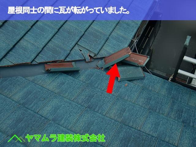 03.常滑市 破損瓦 屋根同士の間に瓦が転がっていました。