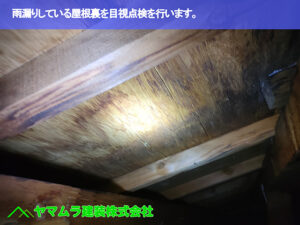 01．知多市　屋根点検　屋根裏の雨漏り点検の様子。