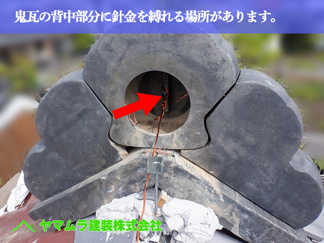 06.名古屋市中川区 屋根葺き替え 鬼瓦の背中部分に針金を縛れる場所があります。