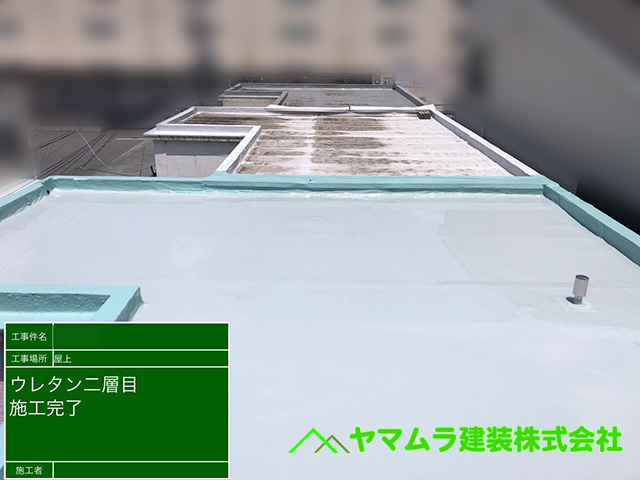 08.名古屋市南区 防水 陸屋根全体に二層目のウレタン塗布作業が完了しました。
