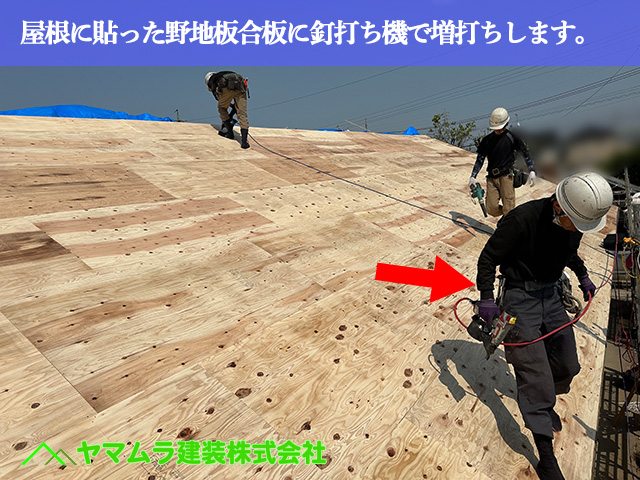 05.名古屋市中川区 屋根葺き替え 屋根に貼った野地板合板に釘打ち機で増し打ちします。