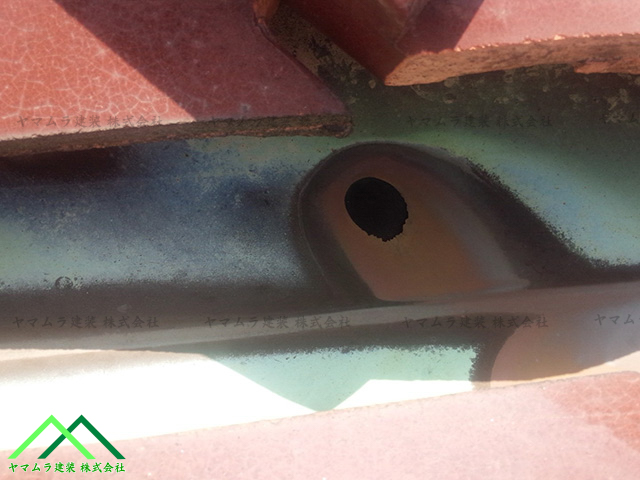 大府市　点検　谷鈑金が銅板であったため穴が開いていました
